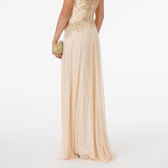 CHAMPAGNE Mother of Bride Embroidered Bodice V-Neck Long Dress w/ V-Back GL1826 - Picture 4 of 7